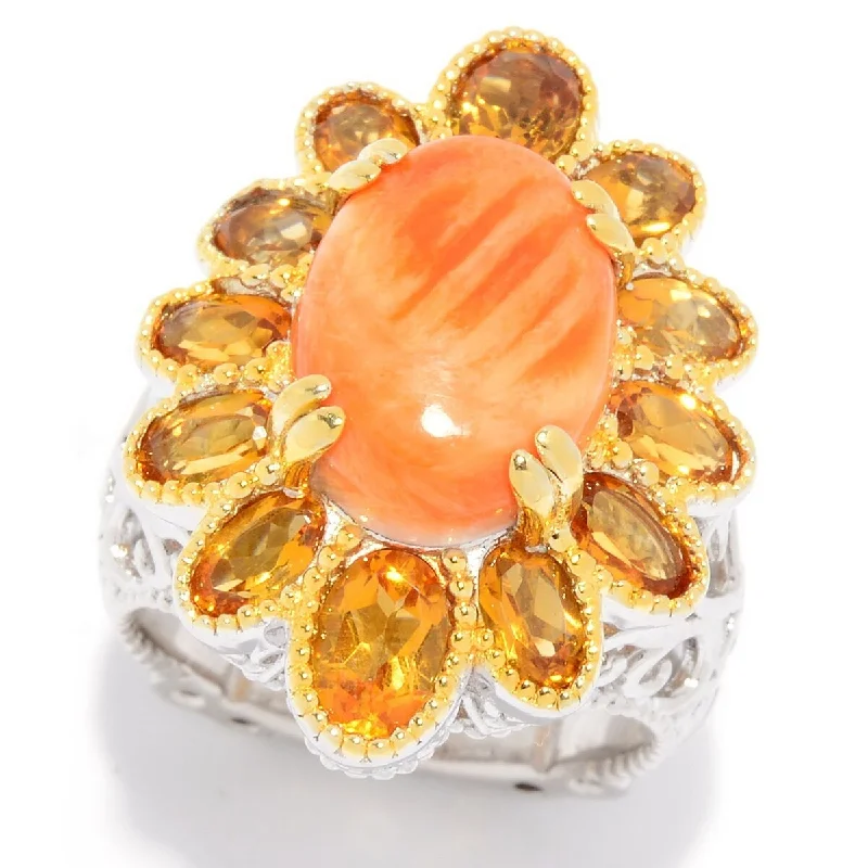 Women’s adjustable rings-Dallas Prince 14 x 10mm Oval Spiny Oyster & Sunset Citrine Flower Ring