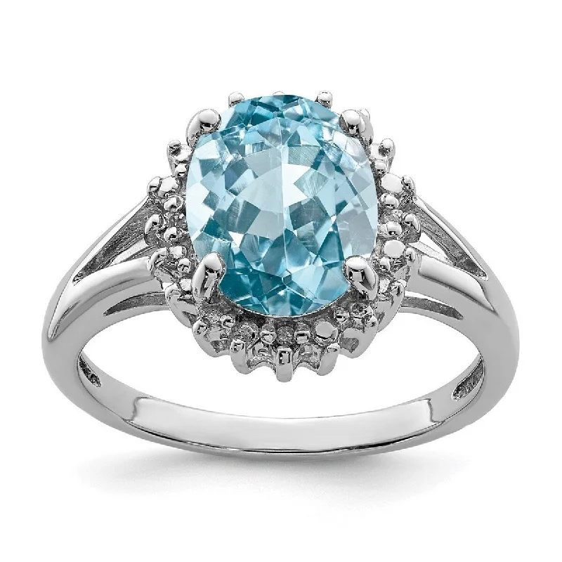 Women’s solitaire rings-Curata 925 Sterling Silver Polished Open back Rhodium Light Swiss Blue Topaz and Diamond Ring