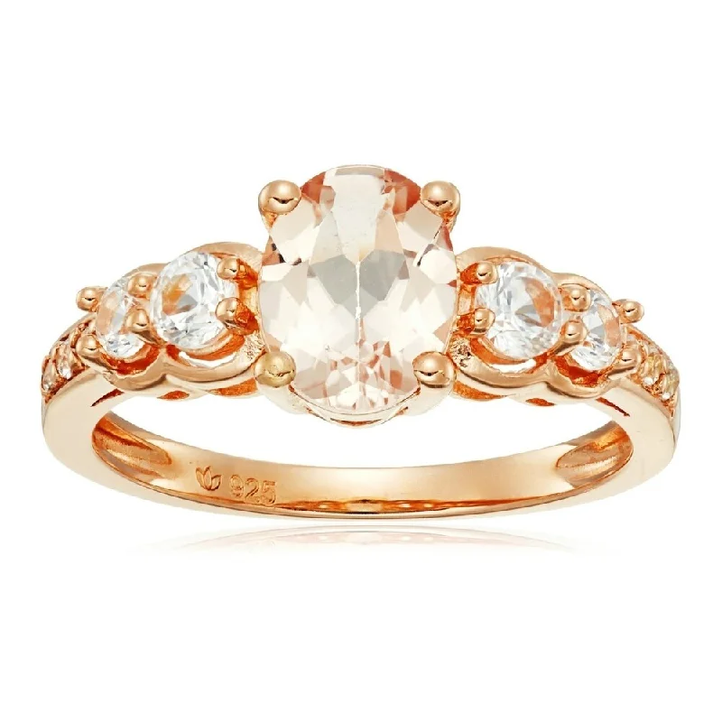 Women’s cocktail statement rings-Rose Gold-plated Silver Morganite & Created White Sapphire Ring, Sz 7 - Pink