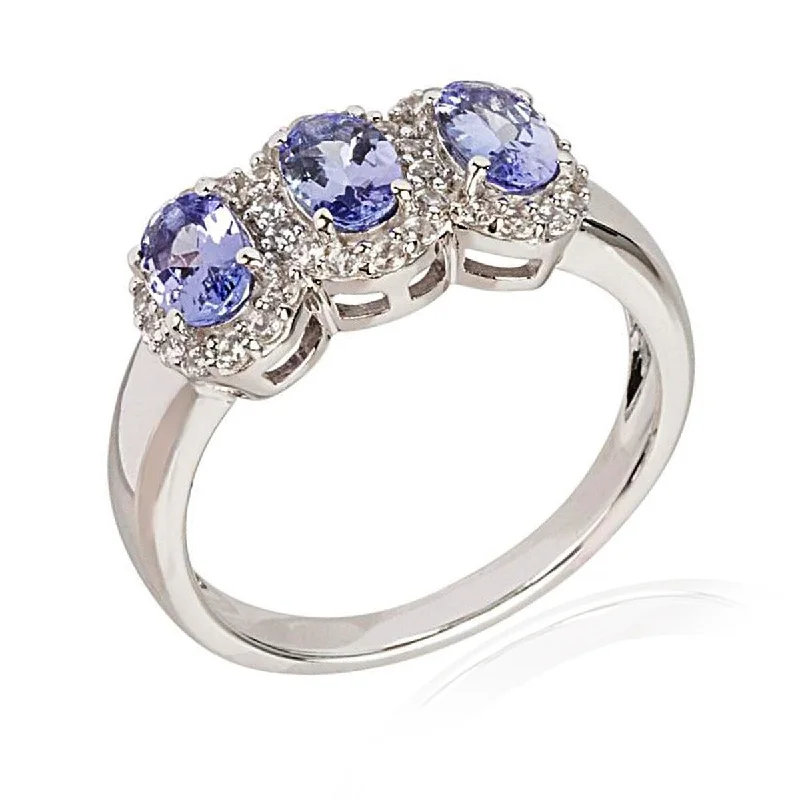 Women’s diamond anniversary rings-925 Sterling Silver Tanzanite And White Natural Zircon 3-Stone Ring