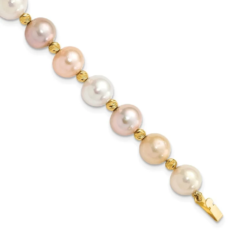 Women’s stacking bracelets-14k Yellow Gold 8-9mm Semi-round Pink Purple White FWC Pearl Diamond-Cut Beaded Bracelet, 7.5"