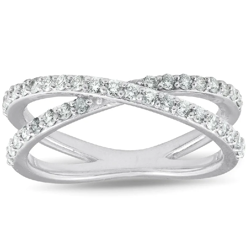 Women’s stackable rings-1/2Ct Diamond X Ring Wide Womens Fashion Design Multi Row Band 10k White Gold