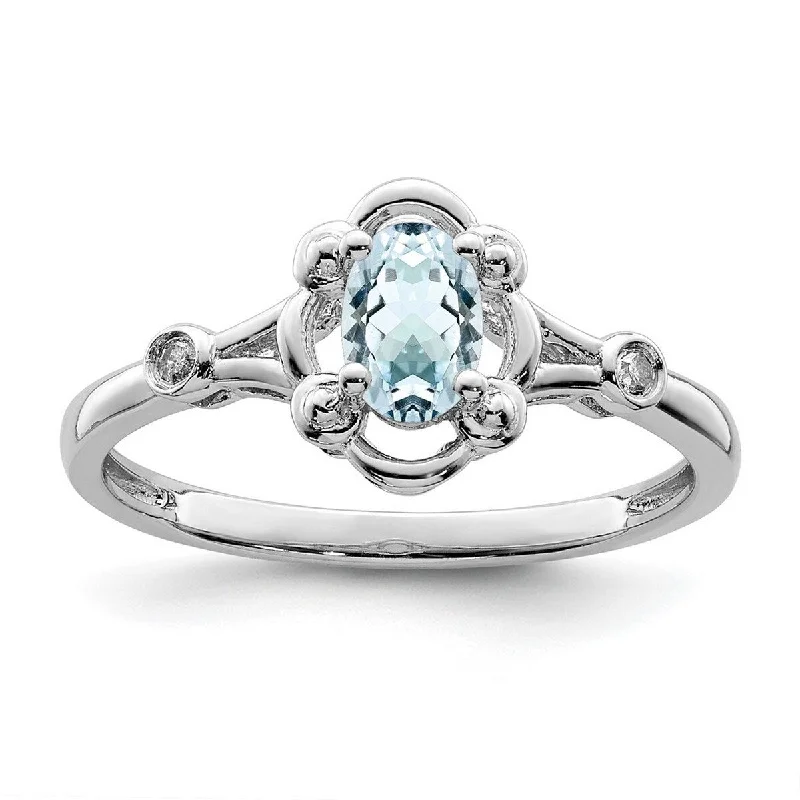 Women’s diamond rings-Curata 925 Sterling Silver Polished Open back Aquamarine and Diamond Ring