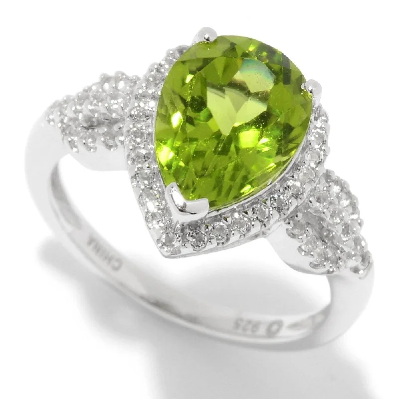 Women’s floral rings-Sterling Silver 3.35ctw Pear Cut Peridot & White Topaz Halo Ring