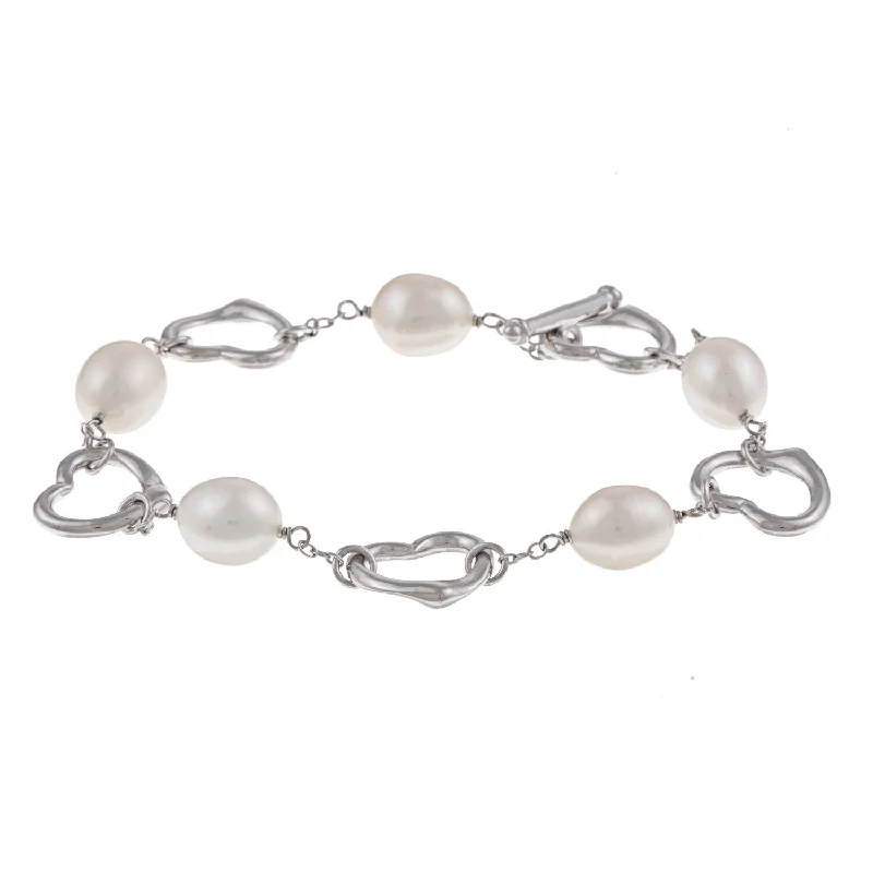 Women’s round bangle-Women’s minimalist bangles-DaVonna Heart Shape Sterling Silver 7-8mm White Freshwater Cultured Pearl Bracelet, 7.5-inch