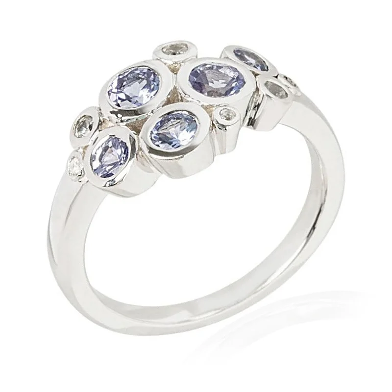 Women’s emerald rings-925 Sterling Silver Tanzanite And White Natural Zircon Cluster Ring