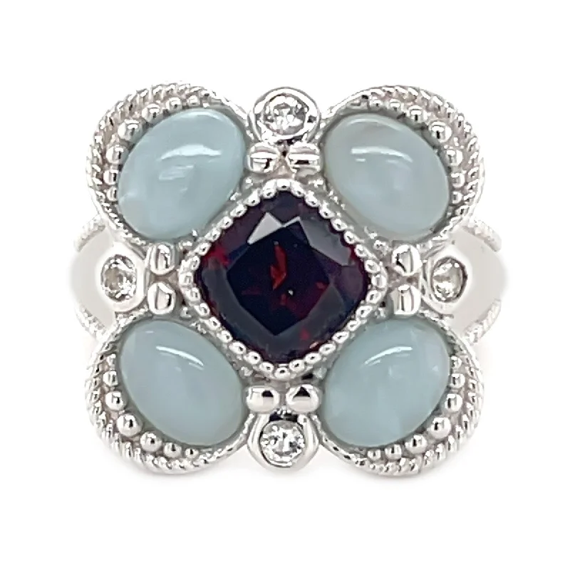 Women’s thick band rings-925 Sterling Silver Milky Aquamarine,Red Garnet,White Topaz Ring