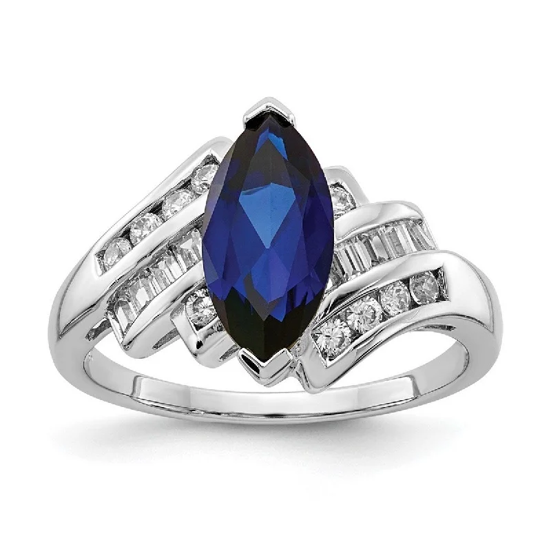 Women’s emerald-cut rings-Curata 925 Sterling Silver Polished Open back Simulated Blue Sapphire and Cubic Zirconia Marquise Ring