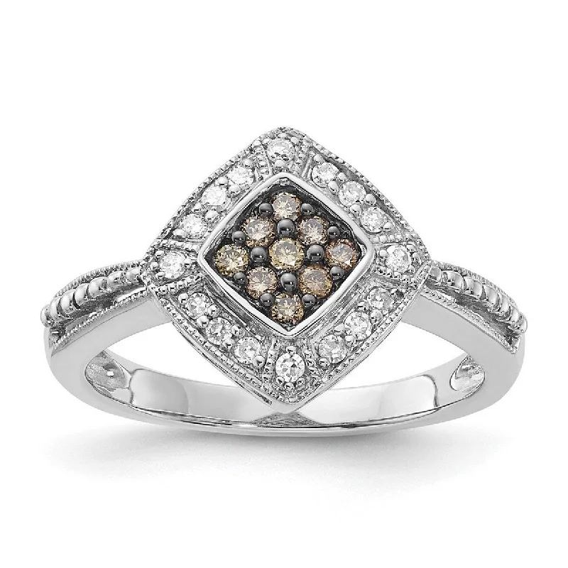 Women’s custom-designed rings-Curata 925 Sterling Silver Open back Champagne Diamond and Small Diamond Shape Ring