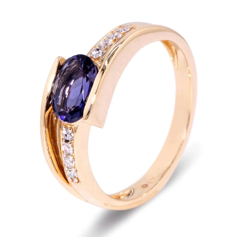 Women’s sterling silver rings-14k Yellow Gold Iolite and Diamond Ring