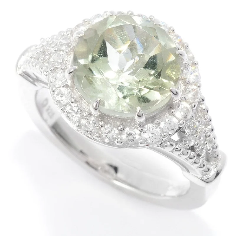 Women’s engagement rings-Sterling Silver 10mm Round Green Amethyst & White Zircon Halo Ring