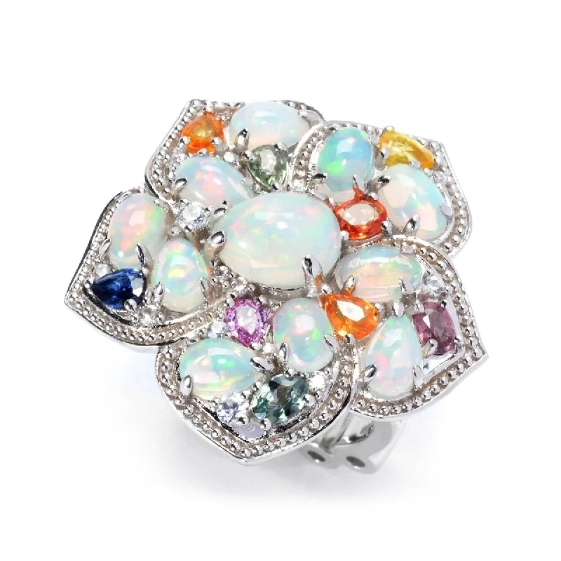 Women’s personalized rings-Dallas Prince Sterling Silver Ethiopian Opal & Multi Gemstone Flower Ring