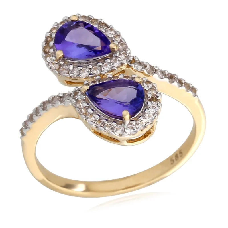 Women’s cocktail statement rings-14KT Yellow Gold Tanzanite and White Zircon Gemstone Bypass Ring