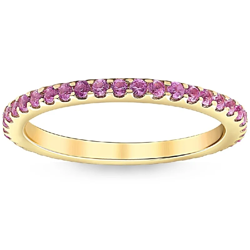 Women’s art-deco rings-3/4Ct Genuine Pink Sapphire Eternity Ring Stackable Band 10k Yellow Gold