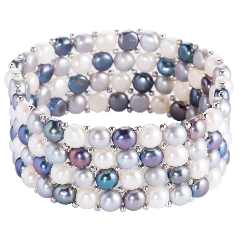 Women’s bamboo bracelet-Women’s diamond bracelets-DaVonna Silver Beads and Multi-color Freshwater Pearl 3-row Stretch Bracelet (6-7mm)