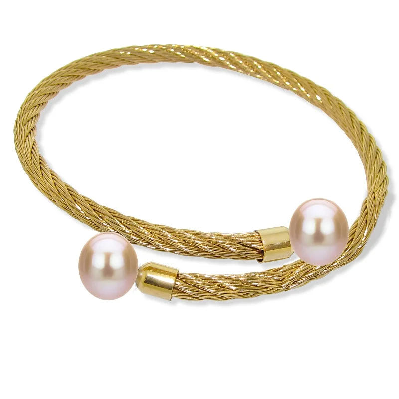 Women’s multi-color bracelet-Women’s retro bracelets-DaVonna Stainless Steel 9-10mm Pink Long Shape Pearl Expandable Bangle Bracelet