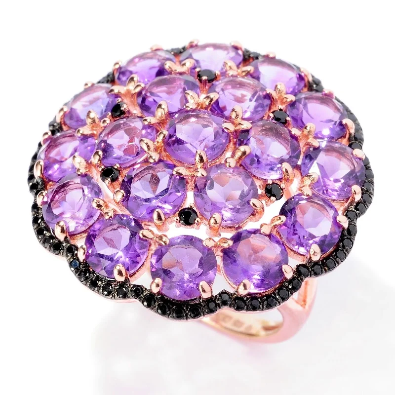 Women’s square rings-18K Rose Vermeil 9.26Ctw Amethyst & Black Spinel Cluster Cocktail Ring