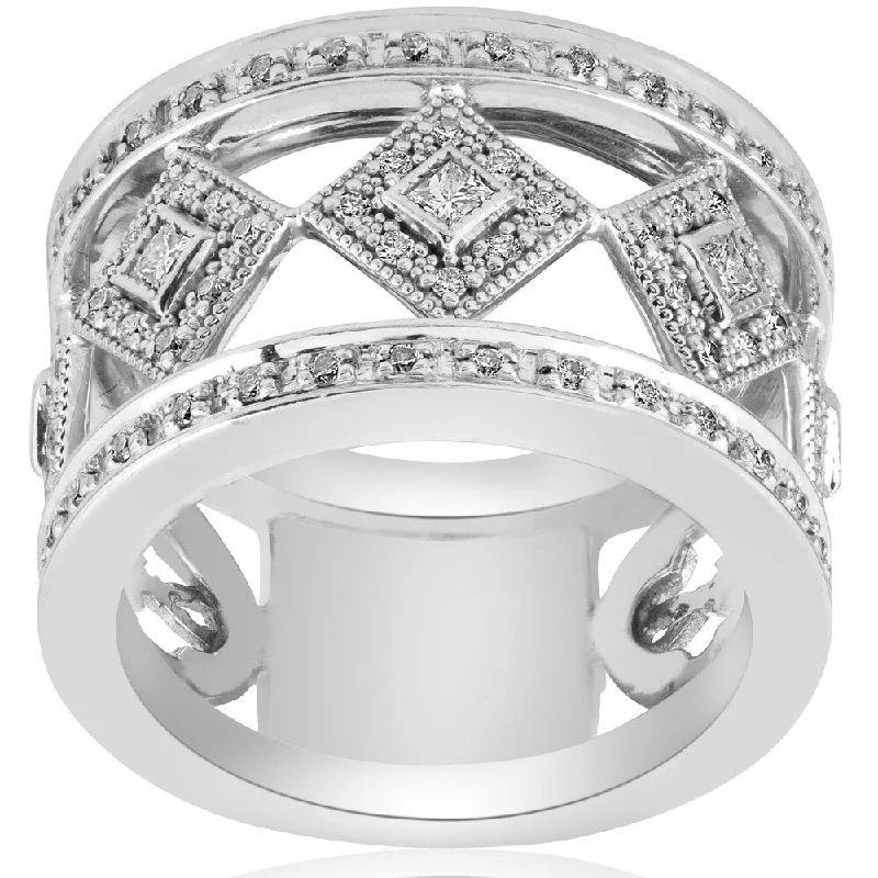 Women’s gold wedding rings-18K White Gold 5/8 ct TW Diamond Vintage Princess Cut Bezel Set 13mm Wide Right Hand Ring (G-H,SI1-SI2)