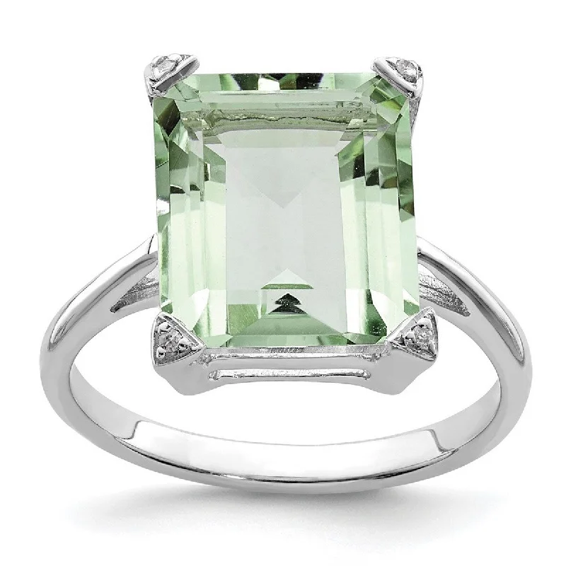 Women’s cushion cut rings-Curata 925 Sterling Silver Polished Rhodium Green Amethyst Diamond Ring