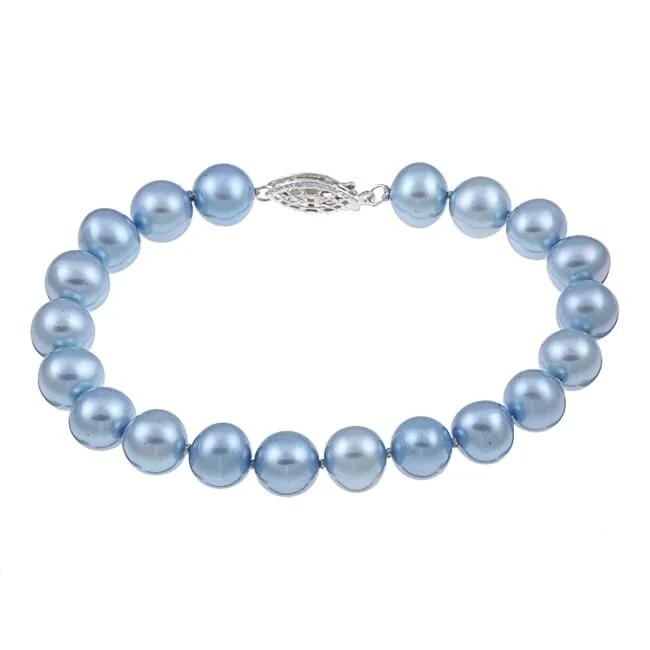 Women’s engraved leather bracelet-Women’s patterned bracelets-Blue Freshwater Pearl Classic 8-inch Bracelet (8-9 mm)