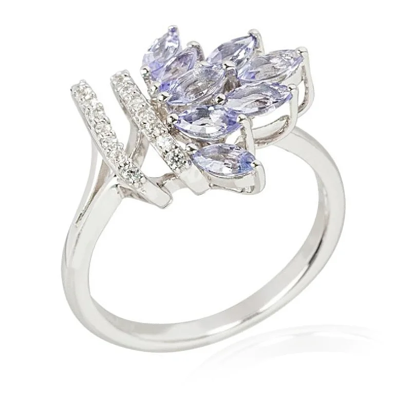 Women’s elegant rings-925 Sterling Silver Tanzanite And White Natural Zircon Cluster Ring