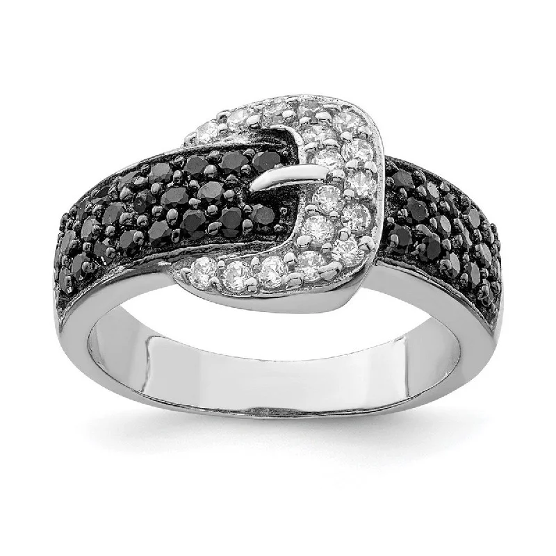 Women’s vintage-style rings-Curata 925 Sterling Silver Polished Open back Rhodium Black and Clear CZ Cubic Zirconia Simulated Diamond Buckle Ring