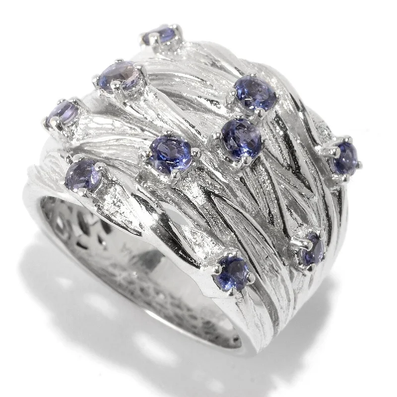 Women’s designer rings-Sterling Silver 0.69Ctw Iolite Multi Row Textured Ring