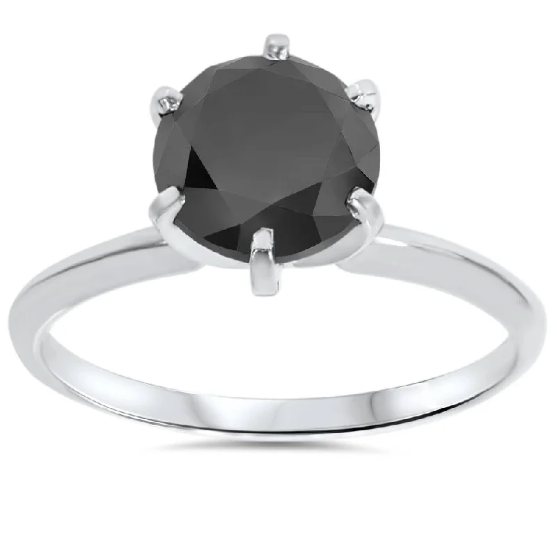 Women’s art-deco rings-2 1/2ct Black Diamond Solitaire Ring 14K White Gold