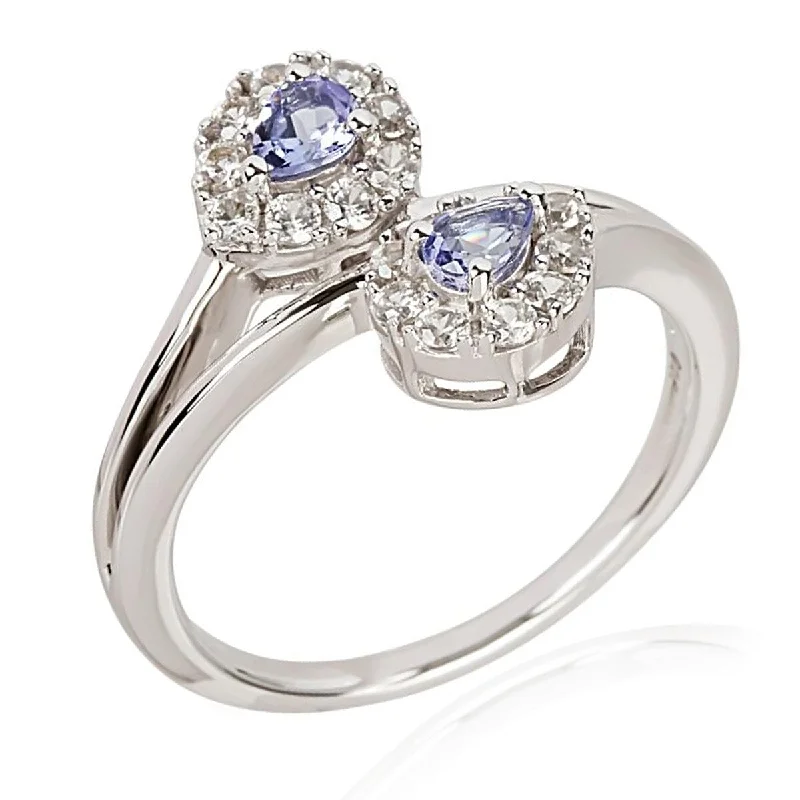 Women’s gemstone solitaire rings-925 Sterling Silver Tanzanite And White Natural Zircon Bypass Ring