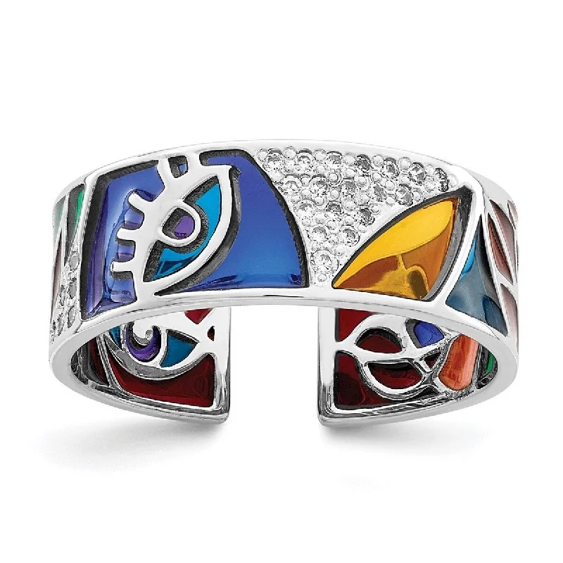 Women’s twisted bands rings-Curata 925 Sterling Silver Rhod Plated Abstract Evil Eye Enamel and CZ Cubic Zirconia Cuff Ring