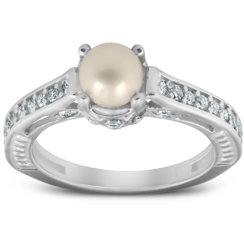 Women’s gemstone solitaire rings-Diamond Pearl Vintage Gatsby Style Ring White Gold