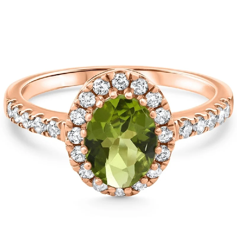 Women’s rose gold engagement rings-1 1/2Ct Oval Peridot Halo Diamond Ring Gold Lab Grown