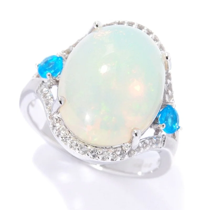 Women’s silver engagement rings-Sterling Silver Ethiopian Opal, Neon Apatite & White Topaz Ring