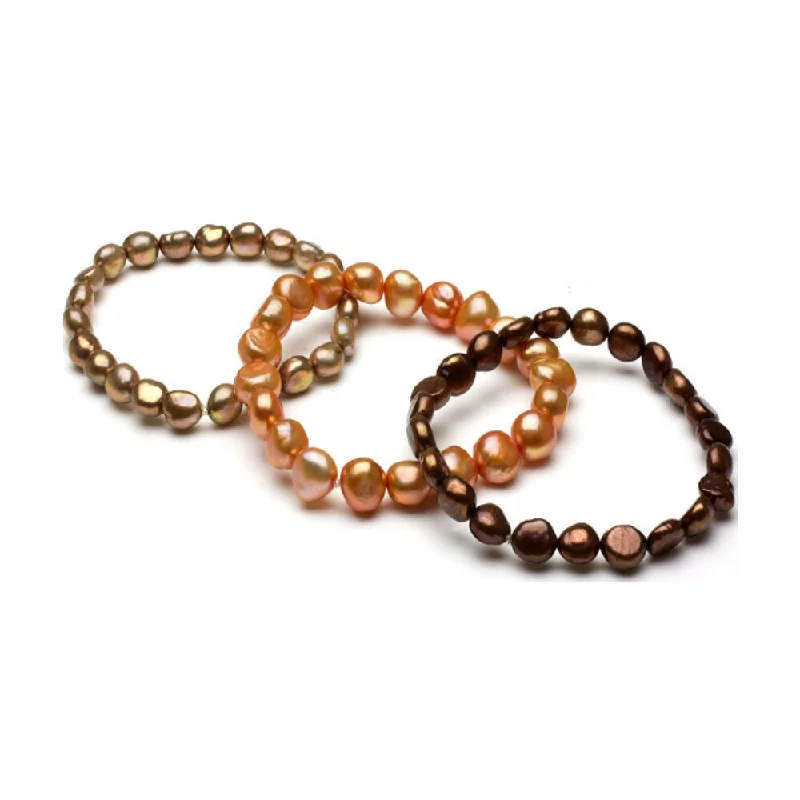 Women’s chic bangle-Women’s enamel bracelets-DaVonna Brown Orange and Bronze Pearl 3-pair Stretch Bracelet (8-9 mm)