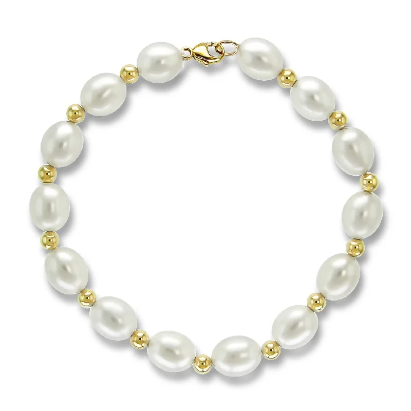 Women’s nautical bracelet-Women’s double-layer bracelets-Freshwater 8-8.5mm Pearl Bracelet with 4mm Gold Beads in 14k 7.5inches