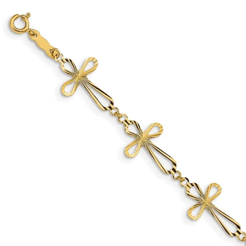 Women’s luxury bracelet-Curata 14k Yellow Gold Polished Spring Ring Sparkle Cut Open Religious Faith Cross Bracelet 7.5 Inch