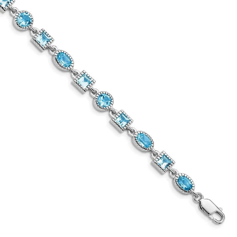 Women’s gold bangle-Curata 925 Sterling Silver Textured Polished Open back Blue Topaz Bracelet 7 Inch Lobster Claw