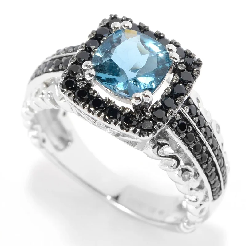 Women’s mixed metal rings-Sterling Silver London Blue Topaz and Black Spinel Halo Ring