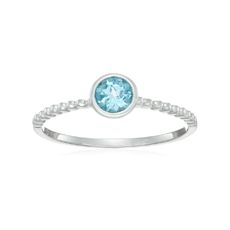 Women’s birthstone rings-10k White Gold Swiss Blue Topaz Solitaire Beaded Stackable Ring