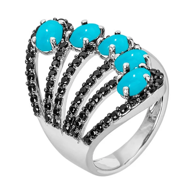 Women’s elegant rings-925 Sterling Silver Sleeping Beauty Turquoise And Black Spinel Ring