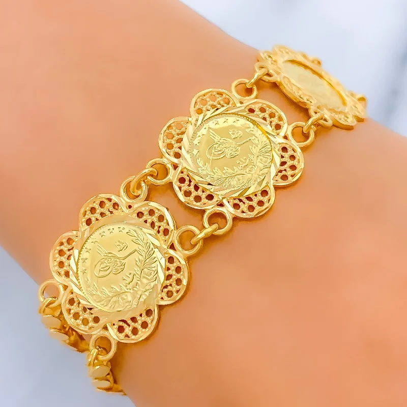 Women’s elegant bangles-Women’s beaded charm bracelets-Engraved Glossy Reversible Coin 21k Gold Bracelet