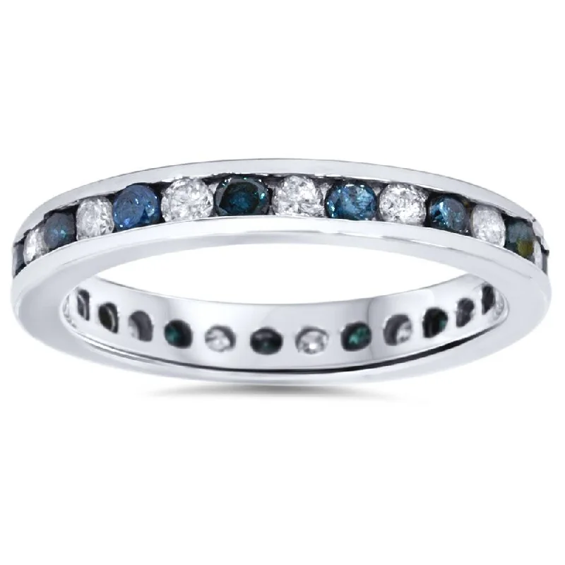 Women’s wedding band rings-1ct Blue & White Diamond Eternity Guard Ring White Gold