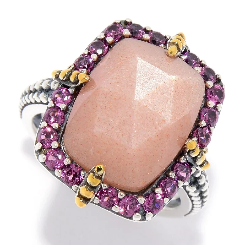 Women’s bohemian rings-14 x 10mm Peach Moonstone & Rhodolite Garnet Beaded Halo Ring