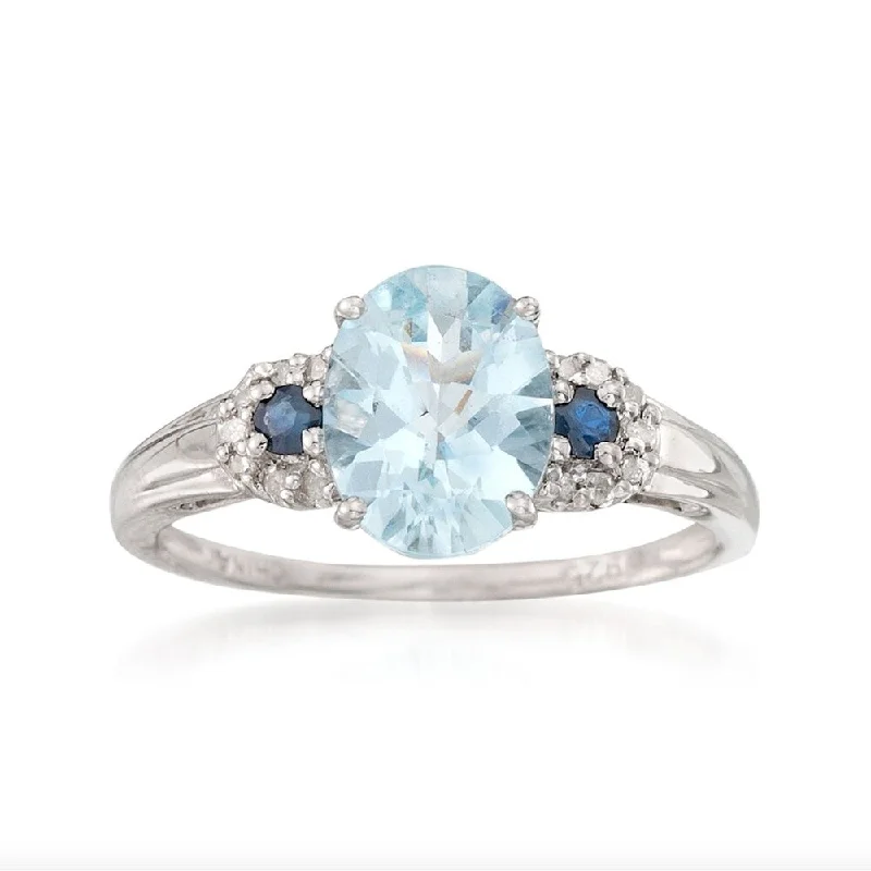 Women’s vintage-style engagement rings-Sterling SIlver 925 Aquamarine,Blue Sapphire,Diamond Solitaire w/ accent Ring