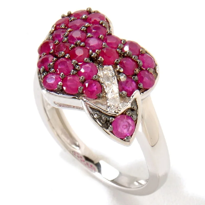 Women’s adjustable rings-Platinum o/ Silver 1.67ctw Ruby Diamond Heart & Arrow Ring, Size 7 - Red