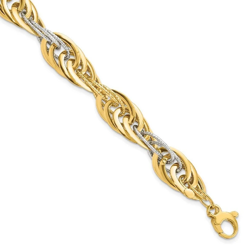 Women’s simple bracelet-Curata 14k Two Tone Gold Polished Sparkle Cut Fancy Link Bracelet 8 Inch