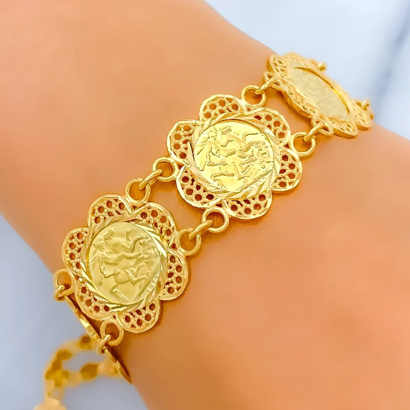 Women’s mixed-metal bracelet-Women’s diamond-studded bangles-Fancy Engraved 21k Gold Bracelet w/ Hanging Charm