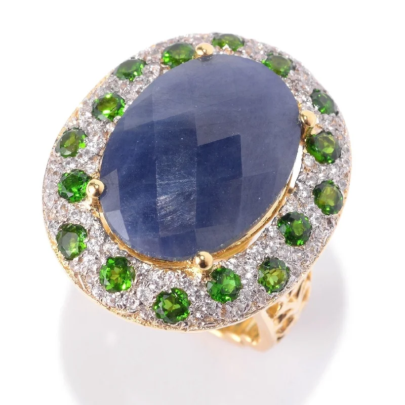 Women’s vintage-style rings-Pinctore 18K Yellow Gold o/ Silver Indian Blue Sapphire Cocktail Ring, Size 7