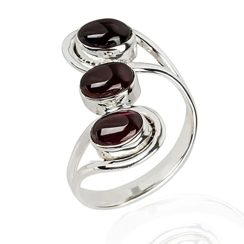 Women’s gold rings-925 Sterling Silver Red Garnet 3-Stone Ring