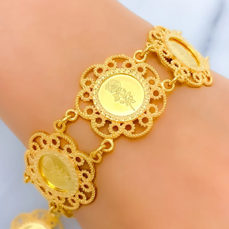 Women’s nautical bracelet-Women’s double-layer bracelets-Decorative Rose 21k Gold Bracelet w/ Hanging Charm